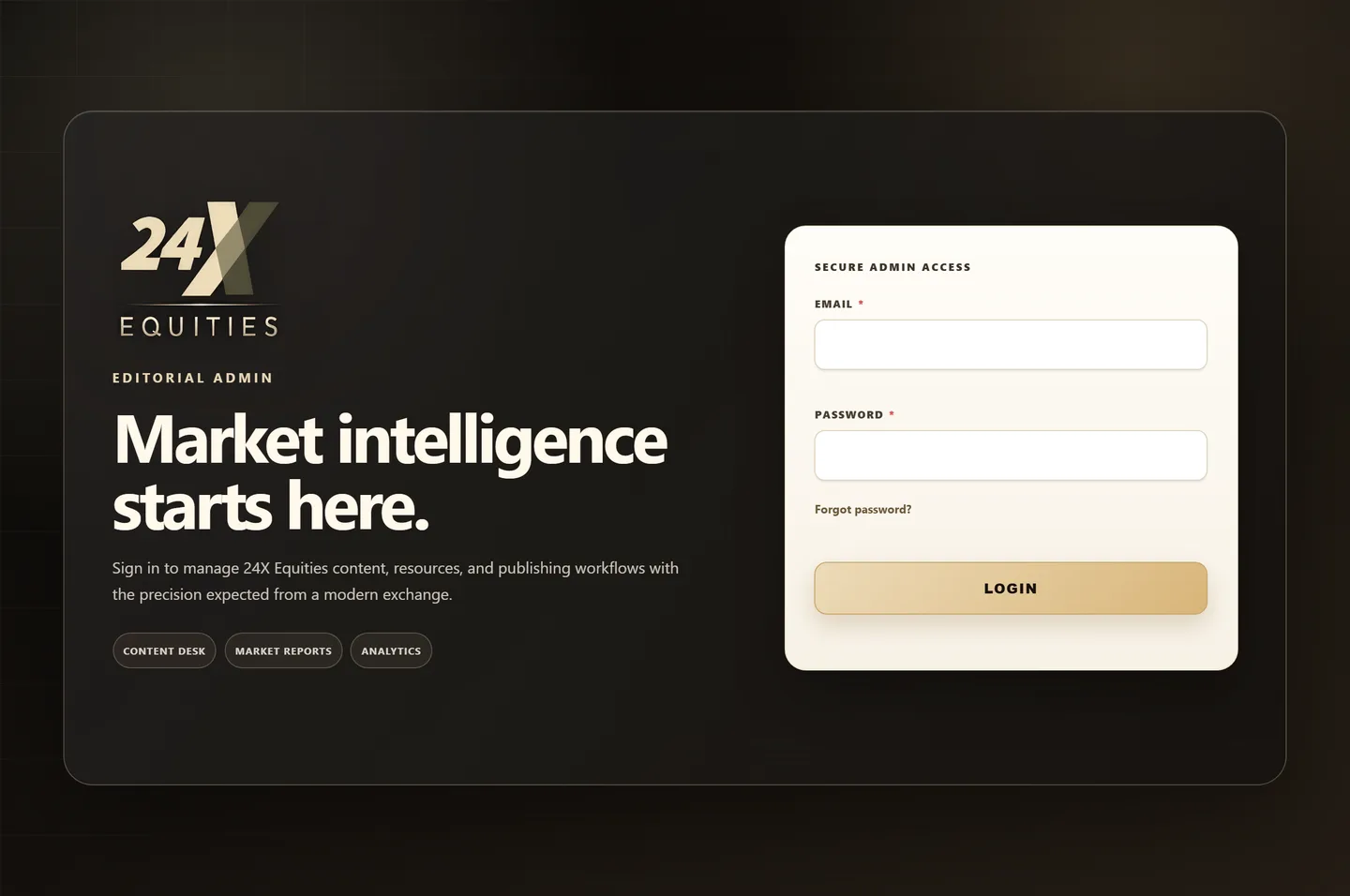 Custom-branded Payload CMS admin login screen designed and built by Ferm & Co. for 24X Equities