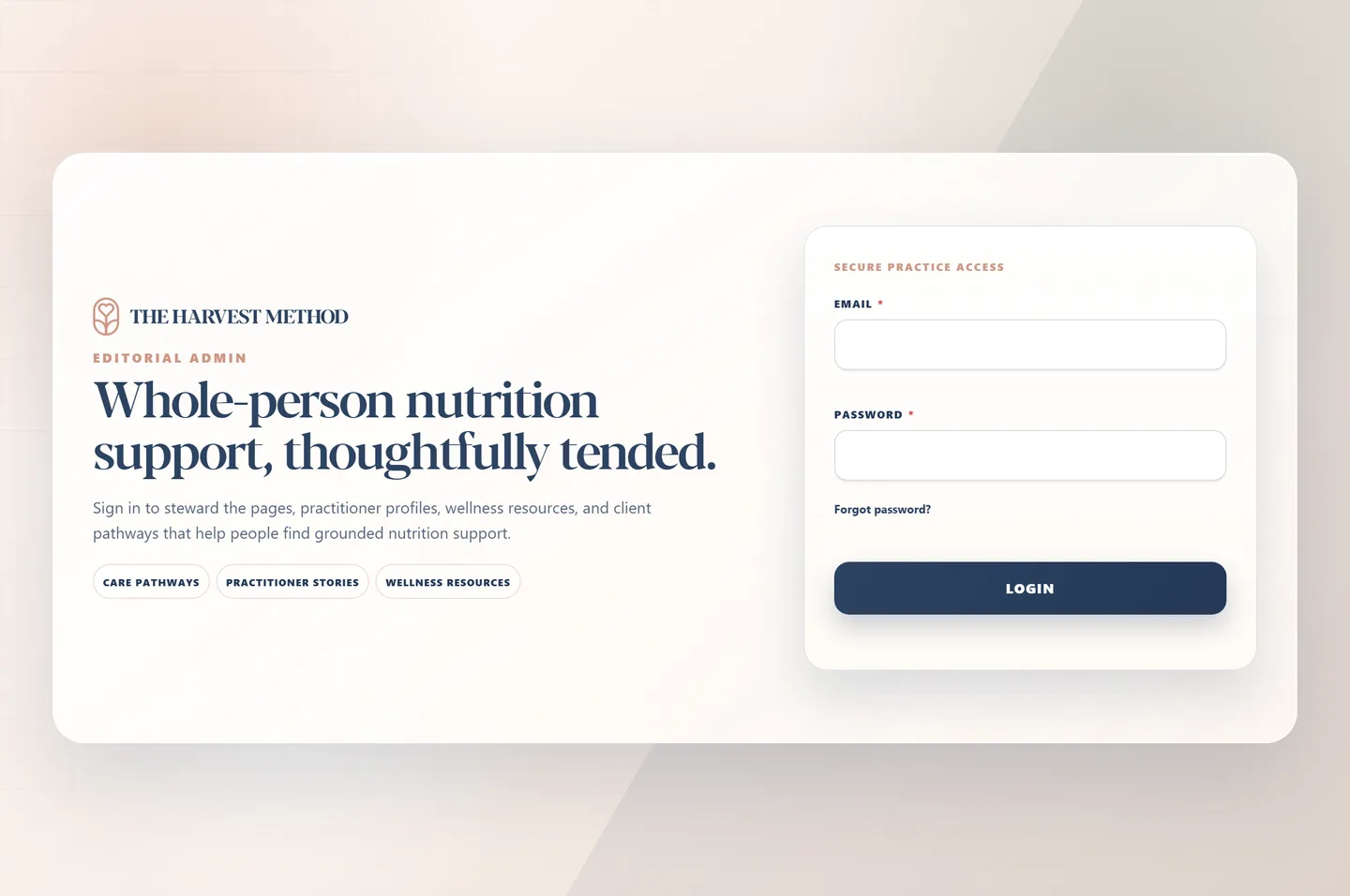 Custom-branded Payload CMS admin login screen designed and built by Ferm & Co. for The Harvest Method