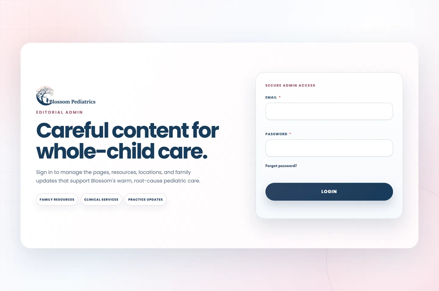 Custom-branded Payload CMS admin login screen designed and built by Ferm & Co. for Blossom Pediatrics